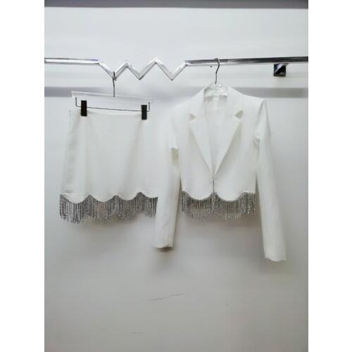 Skirts Sets for Women Spring Autumn New Small Suit Jacket + Mini Skirt Crystal Tassel Decoration Sexy Ladies Two-Piece Suits
