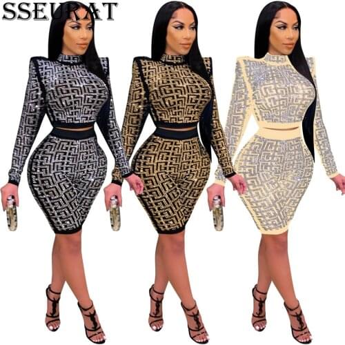 SSEURAT Women Set Diamonds Half High Collar Long Sleeve Crop Top Knee Length Pant Two Piece Set Sexy Club Suit