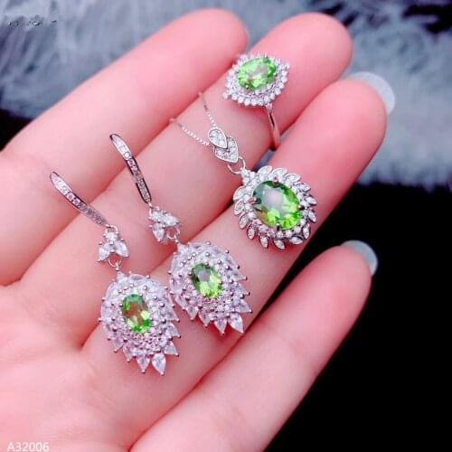 925 sterling silver natural peridot ring pendant earrings suit female models translucent pure new geometric square support detec