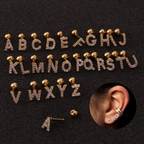 1 PCS Classic Gold Color Micro Pave CZ A-Z Alphabet Ear Bone Cuff Stud Earring Double Sided Stainless Steel Ball Bar Ear Jewelry