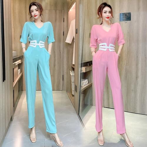 Women 2021 Summer Sexy V-neck Short Sleeve Jumpsuit Female High Waist Wide Leg Jumpsuits Office Lady Romper Casual Overalls S174