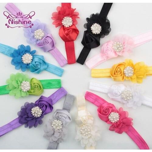 Shining Rhinestone Pearl Chiffon Flower Headband Solid Color Elastic Hairband Cute Floral Baby Girls Headwear Hair Accessories
