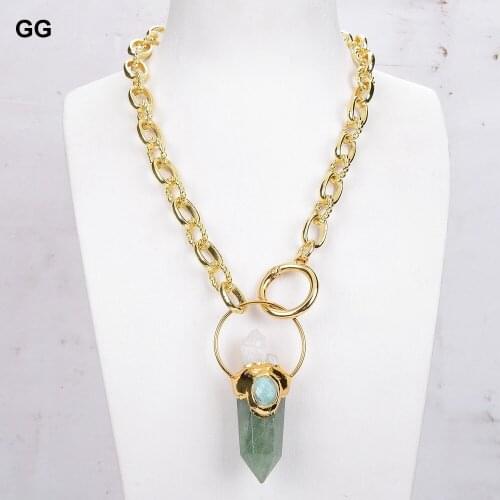 GuaiGuai Jewelry Natural Green Muscovite Point White Quartz Raw Pendant Chain Necklace 21