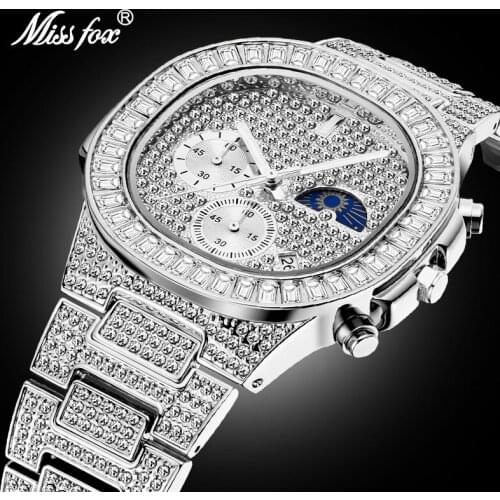 MISSFOX Watches Men Luxury Brand Trending Watch Men Chronograph Waterproof Big Baguette Diamond Calendar Male Clock Dropshipping