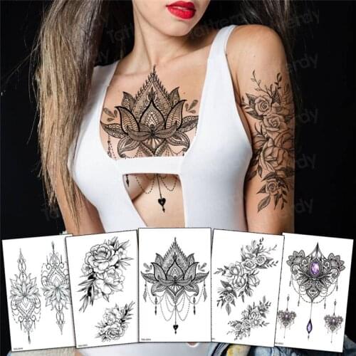 Black Realistic Flower Temporary Tattoos Sticker For Women Fake Jewelry Body Art Washable Tattoo Rose Arm Tatoos Drawing Sheet