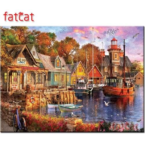 FATCAT Seaside boat house 5d diy diamond painting full square round drill diamond embroidery kits art home decoration AE2829