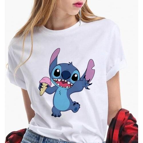 Disney Lilo & Stitch T-shirt Womens Summer Cartoon T-shirt Fashion Women Casual White T-shirt Kawaii Tees