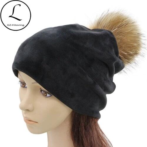 GZHILOVINGL 2017 Winter Real Fur Pom Ball Soft Warm Thick Velvet Beanies Hat Cap For Women Ladies Girls Solid Color Beanie Hats