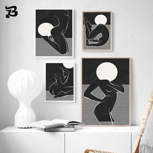 Canvas Painting Sexy Girls Body Abstract Line Moon Star Wall Art Posters and Prints Black Pictures for Living Room Wall Decor