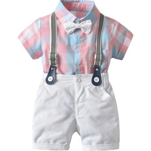 2019 Toddler Kids Baby Boy Clothes Set Summer Gentleman Pink Short Sleeve Plaid Bow Bodysuit Strap Shorts 2pcs Clothing Outfit