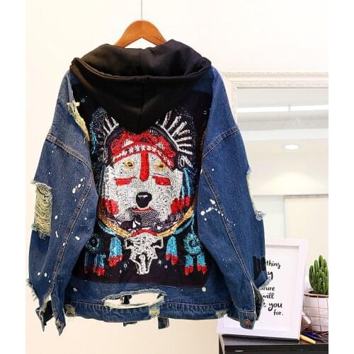 2020 Autumn New Womens Denim Jacket Hooded Sequins Jean Jackets Casual Loose Female Overcoat Holes Jacket Girl Outerwear P566