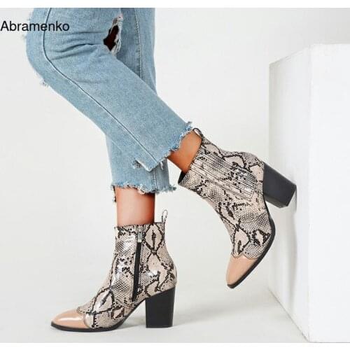 Fashion Women Boots Ladies Shoes Snakeskin Zipper Block Heels Ankle Boots Pu leather Autumn Female Footwear Elegant