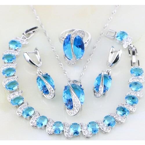 925 Silver Jewelry Sets Trendy Sky Blue White Cubic Zirconia for Women Wedding Earring/Pendant/Necklace/Bracelet/Ring