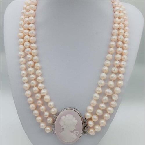 8-9mm Pink Freshwater Pearl Potato Statement Necklace Women Cameo Queen Clasp Handmade