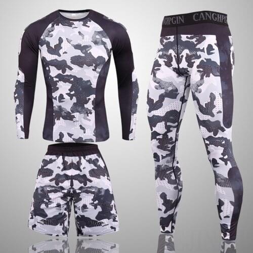 3pcs / set Mens Tracksuit Gym Fitness Compression Sport Suit Clothes Running Jogging Sportswear Exercise Workout Tights