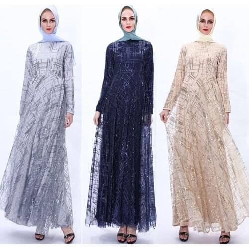 A-line Tulle Sequins Dress Arab Slim Muslim Dress Floor-Length Prom Gowns Robe De Soriee Full-Sleeve high-neck Vestios Plus Size