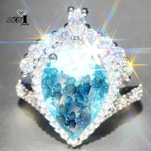Yayi Jewelry Fashion Princess Cut Prong Setting Huge Blue Cubic Zirconia Silver Color Engagement Wedding Party Leaves Gift Rings