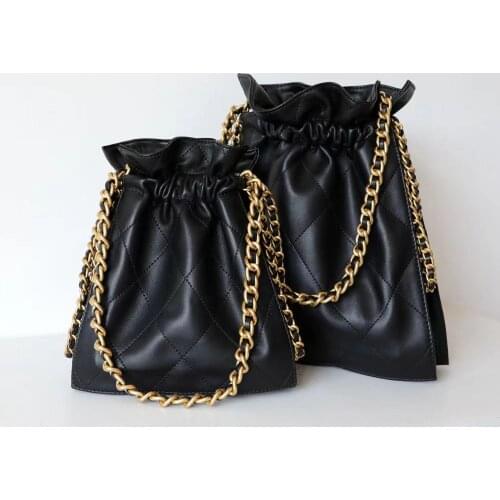 Women Real Leather Messenger Bag Rhombus Drawstring Handbag Lady Small Mini Bucket Handbag Black Shoulder Bag Coin Purse Bag