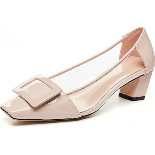 Block Heels Women Pumps Genuine Leather Medium Heel Dress Office Shoes Real Cow Leather Transparent Shoes Ladies Big Size 33-42