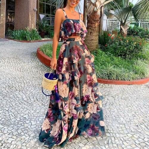 Women Summer Boho Beach Two Piece Set Sexy Skirt Set Crop Top+Maxi Long Skirt Floral Printed Ruffles High Waist Casual Two Piece