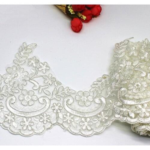 White Embroidery Lace For Dress Silver Trims Scalloped Soft Tulle Mesh Embroidery Lace Applique Flower Lace Border Ivory 14CM