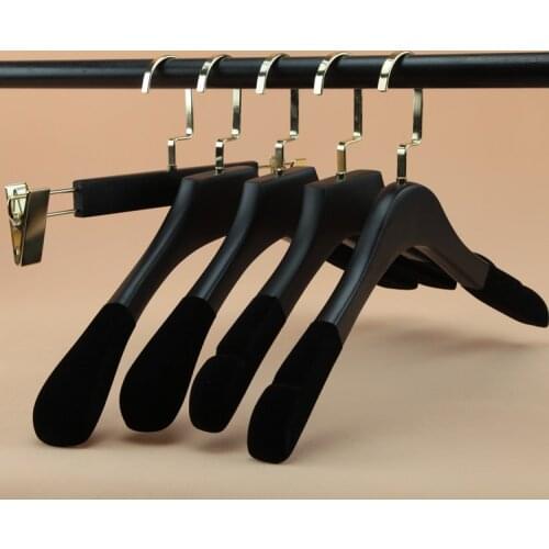 10pcs/lot Black Solid Wood Flocking Clothes Rack Trackless Slip Coat Hanging Wooden Clothing Store Hangers