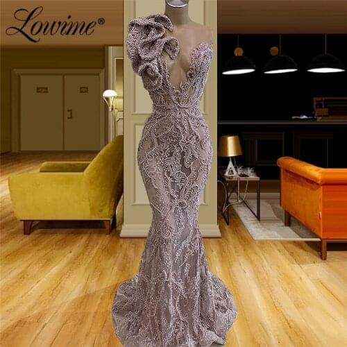 2020 Purple Handmade Beaded Party Dress Long Mermaid Prom Dresses Illusion Dubai Arabic Kaftans Robe De Soiree Evening Gown