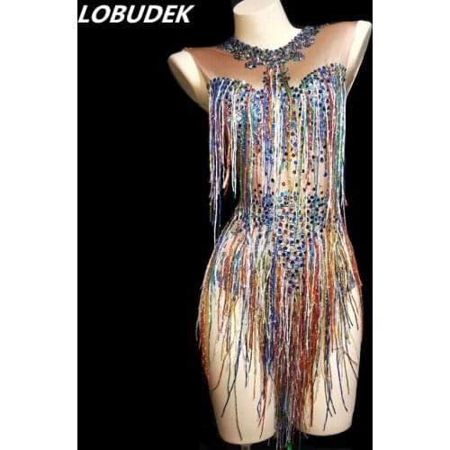 Sparkly Colorful Crystals Sequins Fringed Sleeve Bodysuit Nightclub Dance Team Costume Female Bar Show Elastic Bright Leotard