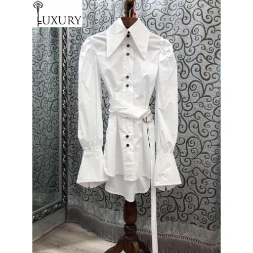 Blouses 2020 Autumn Fashion High Quality Women Turn-down Collar Cross Belt Patchwork Long Sleeve White Black Shirts Ladies