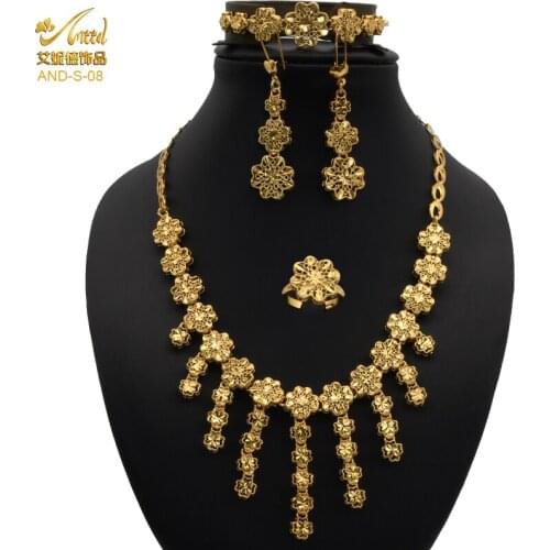 Gold Color New Jewelry Set African Bridal Wedding Gifts For Women Flower Pendant Necklace Earrings Bracelets Wife Jewellery Sets
