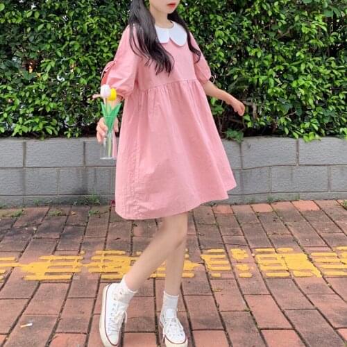 Korean Sweet Loose Thin Short-Sleeve Dress Girls Lace-up Doll Collar Long Skirt 2020 Summer renaissance lolita dress