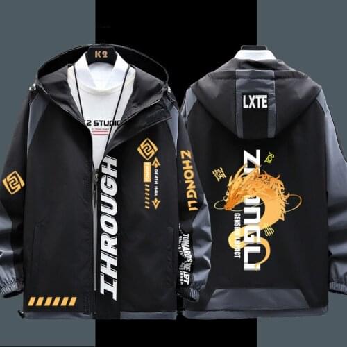 Game Genshin Impact Zhong Li Cosplay Costume Mens Casual Jacket Coat Clothes Unisex Hoodie Zipper Hooded Sweatshirt Coat Top