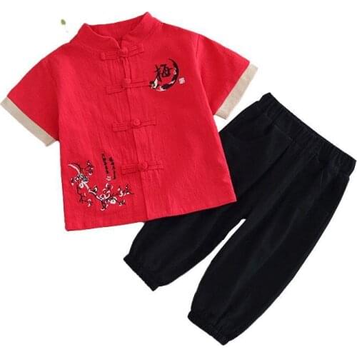 Boys' cotton and hemp Tang suit summer Chinese style short sleeve double shorts two piece suit