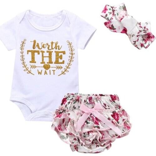 3PCS Summer T-shirt Tops Short Sleeve Romper Headbands Infant Baby Girls Clothing Floral Short Outfits Girl Clothes Set