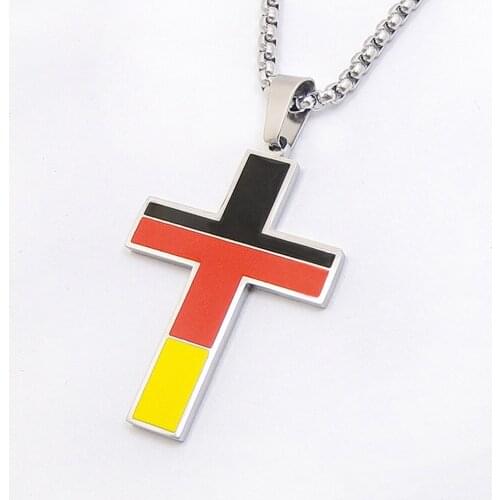 Stainless Steel Germany Flag Colorful Cross Flag Pendant Necklace Men Women German Jesus Religion Christian Jewelry 60cmm Length