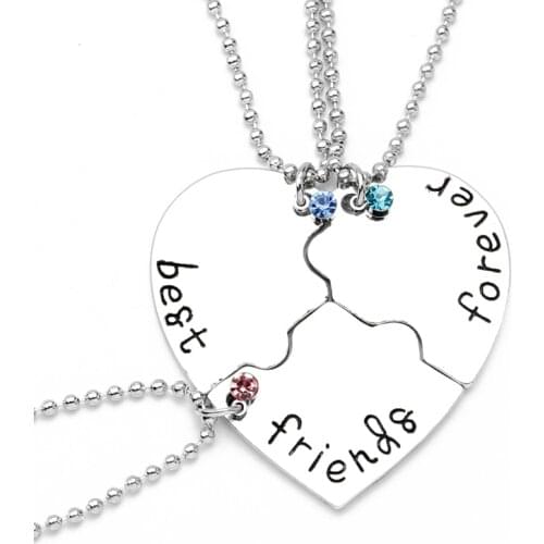 3 Pcs/Set "best friend forever" Necklaces Fashion Heart Pendant Charm 3 Colors Crystal Beads Silver Plated Friendship Necklace