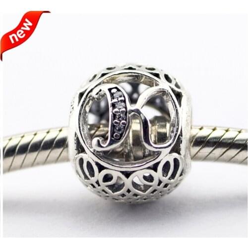 Fits for Pandora Bracelets Alphabet K Charms with Clear Cubic Zirconia 100% 925 Sterling Silver Beads Free Shipping