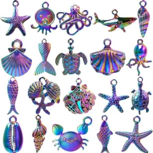 20PC/lot Mix Styles Rainbow Color Octopus Shell Sea Fish Pendant Charms Alloy Floating Pendant Fit For Necklace Bracelet Making