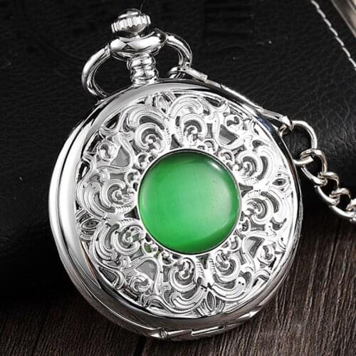 Vintage Retro Green Gem Embedded Hollow Flower Mechanical Pocket Watch Men Hand Wind Fob Watch Pendant Stemapunk Girls' Gift