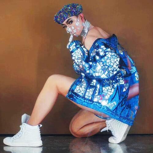 Shining Blue Sequins Women Bodysuits Sparkly Mirror Reflective Cartoon Print Jacket Party Evening Costume DJ Singer Stage Wear