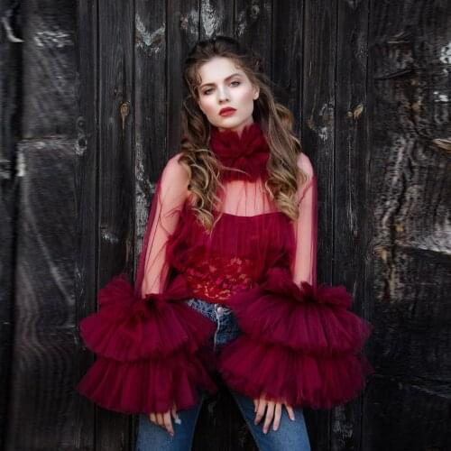 Ruffle Sleeve Tulle Women Blouse Custom Fashion Grape Purple Color Top Sheer Neckline Puffy Mesh Tops Women