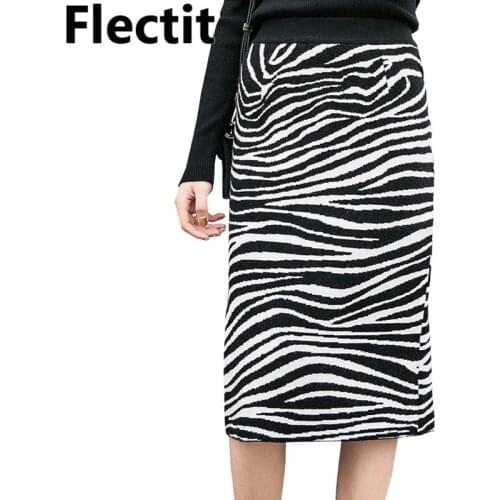 Flectit Women Zebra Print Knitted Skirt Straight-Fit Elastic Waist Back Split Midi Length Vintage Skirt Ladies Outfits