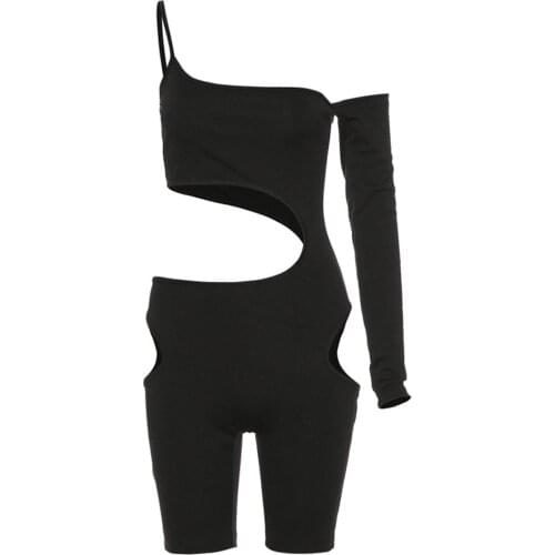 Womens Sexy Jumpsuit Sling Solid Color One Shoulder Off Long Sleeve Hollow Design Slim Wild Fashion Bodysuit Jumpsuit Romper