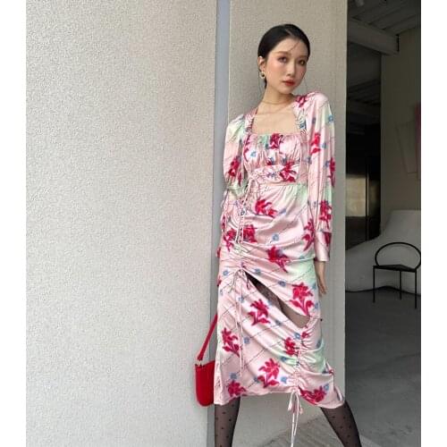 Womens Pink Printed Square Collar Irregular Hollow Stitching Drawstring Long Sleeve Spring Autumn Fashion Elegant Dress