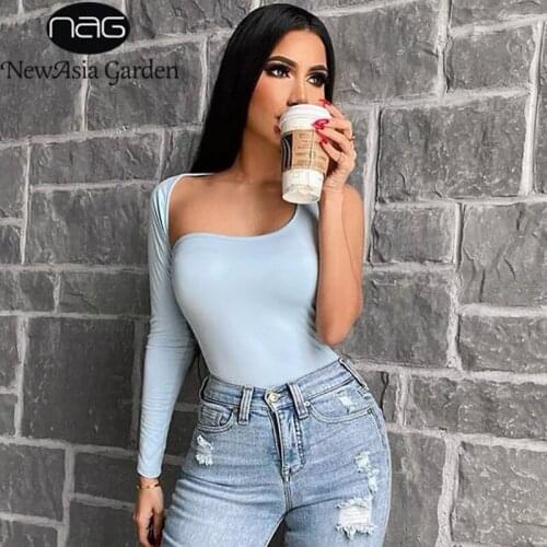 NewAsia One Shoulder Bodycon Bodysuit Hollow Out Backless Sexy Bodysuits Women Long Sleeve Solid Jumpsuit Fit Sexy Basic Body