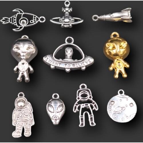 20pcs Mix Alien/UFO/Space Shuttle/Astronaut Lunar Exploration Pendant DIY Charm Hip Hop Mysterious Universe Jewelry Crafts Gifts