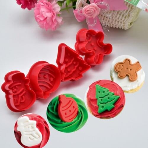 4pcs Stamp Biscuit Mold 3D Cookie Plunger Cutter Pastry Decorating DIY Food Fondant Baking Mould Tool Christmas Tree Snowman