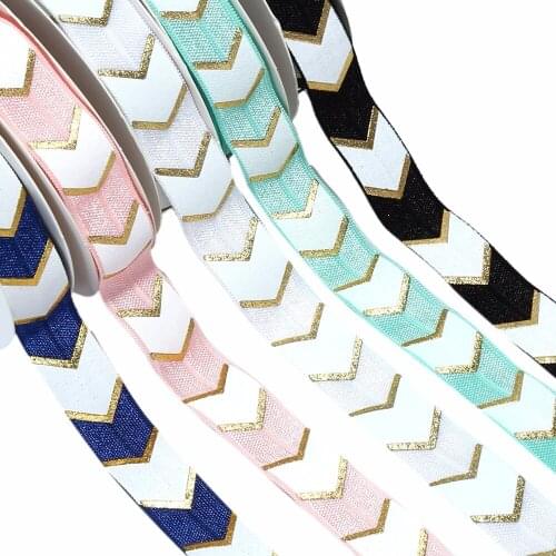 5/8" gold foil and ink printed big chevron FOE fold over elastic for DIY ties garment cloth accessories