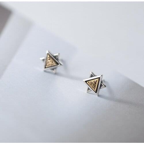 9mm*8mm two-tone REAL. 925 Sterling Silver Jewelry David of Star devil eye totem ear Stud Earrings C-G7712