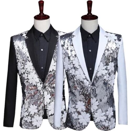 Flower sequins blazer men suits designs stage costumes for singers jacket mens clothes dance star style dress punk masculino